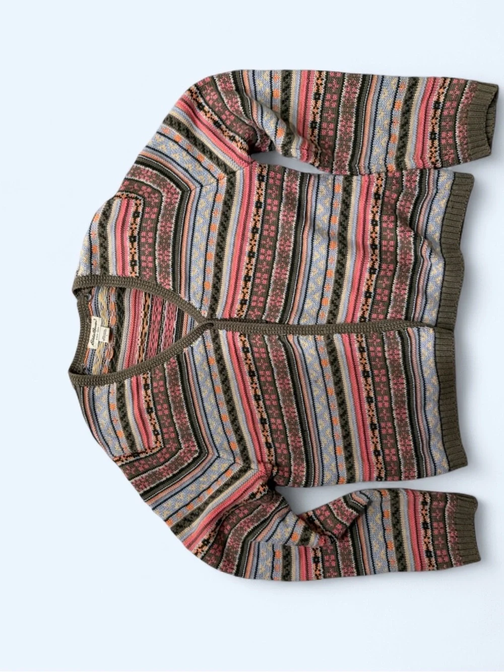 Eddie Bauer Multicolor Striped Fair Isle Cardigan - Olive, Pink, Blue, Cream